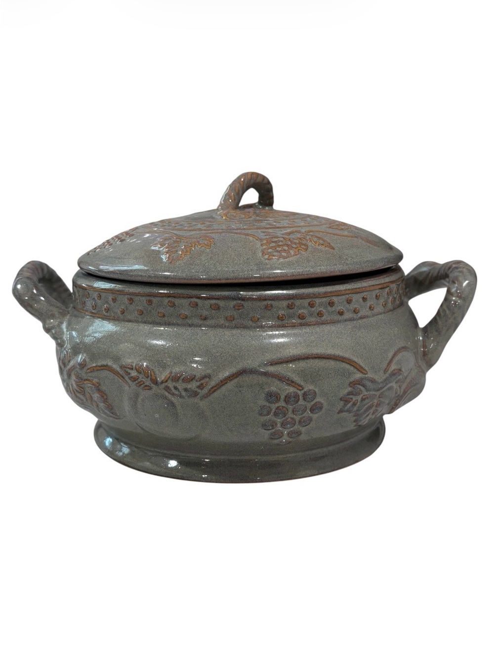 Handmade Stone Wear Pottery Handled Bean Pot Raised Design Gold Trim Accents